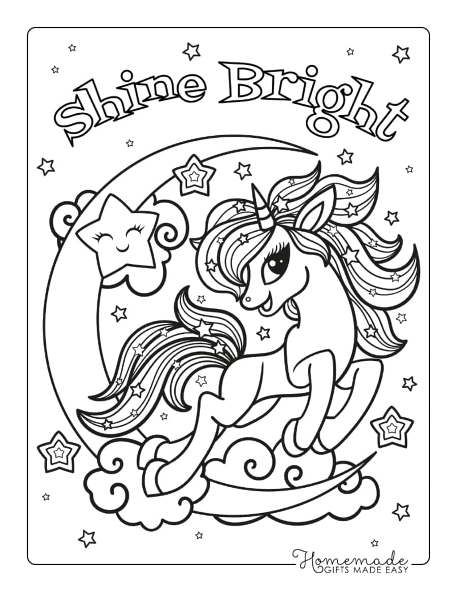 Shine Bright Cute Large Eyes Moon Stars Unicorn Coloring Pages Pdf Free Vectors